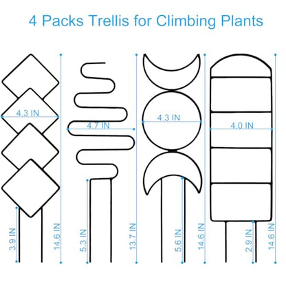 4 Packs Trellis for Climbing Plants Indoor, HENABLE Small Garden Metal Trellis for Potted Plants Outdoor for Vine Ivy Flower Plant Support, 4 Different Black Iron Patterns - size: 15 IN