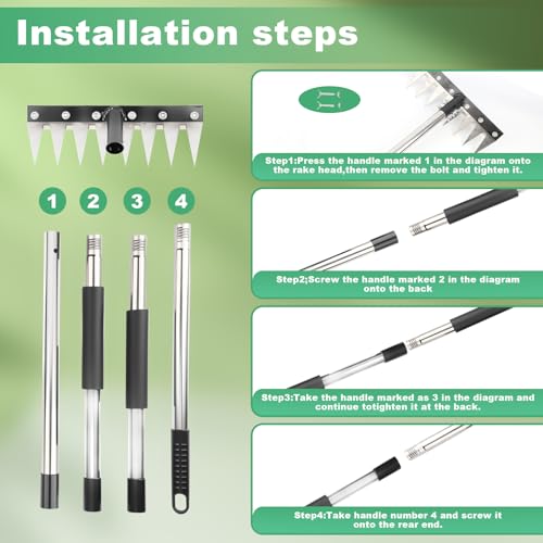 Weed Puller Tool with Long Handle, 3-in-1 Weeding Rake and Weed Remover Tool for Yard, Gardening Long Handle Weeding Tools, Stainless Steel Adjustable Handle, Ergonomic Grip