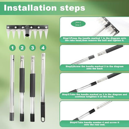 Weed Puller Tool with Long Handle, 3-in-1 Weeding Rake and Weed Remover Tool for Yard, Gardening Long Handle Weeding Tools, Stainless Steel Adjustable Handle, Ergonomic Grip