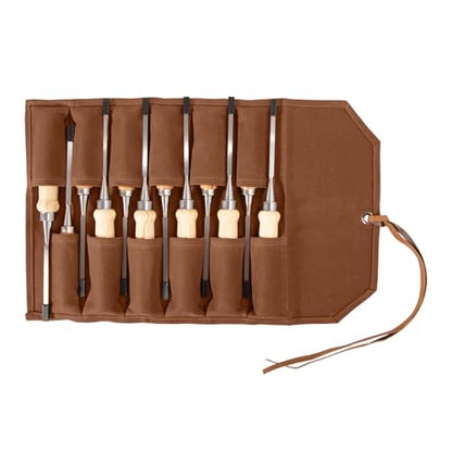 Chisel Roll, 6 Pockets Roll Up Tool Pouch, Waxed Canvas Small Tool Roll - color: 12-Brown