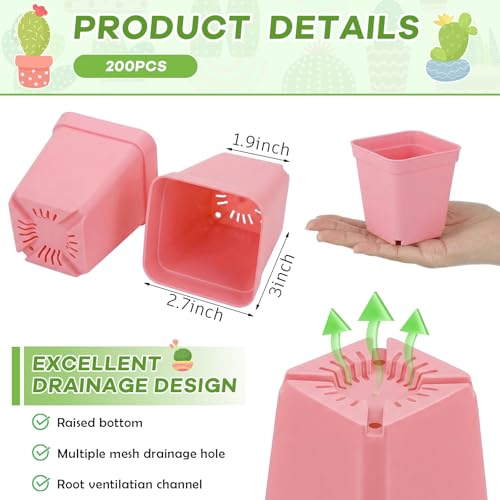 Yaomiao 200 Pack 3 Inch Pink Nursery Pot Square Flower Pots Plastic Plant Succulent Planter Seed Starting Pots with Drainage Holes for Garden Office Balcony Decor Indoor Outdoor Plant Seedling - color: Pink
