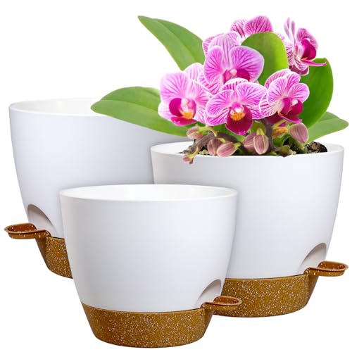 WSMKSZ 10/9/8 inch Self Watering Pots for Indoor Outdoor Plants, Set of 3 - color: White With Brown, size: 10"+9"+8"