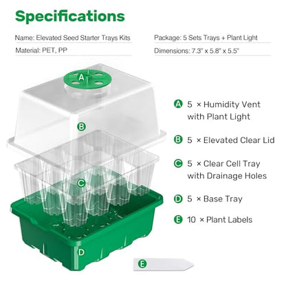 Bonviee 10-Pack Seed Starter Trays, Tall Dome, Base, 12-Cell Tray, Green - color: Green, size: 10 Packs (120 Cells)