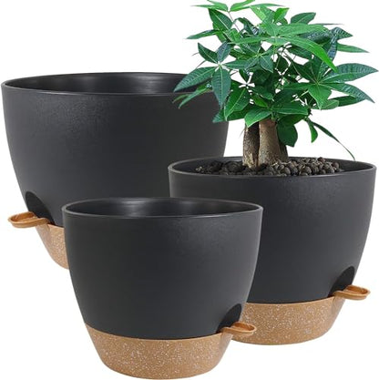 UOUZ Large Self Watering Pots, 12/10/9 Plastic Planters with High Drainage Holes and Deep Reservoir for Indoor Outdoor Garden Plants and Flowers, Black with Brown - color: Black With Brown