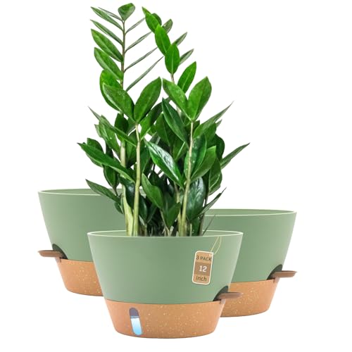 12 Inch Self Watering Pot with Visual Water Window, Drainage Holes & Watering Lip, Set of 3 Large Plastic Planters for Indoor Outdoor Plants, Modern Decorative Flower Pot (Green) - color: Green, size: 12 Inch-Set of 3