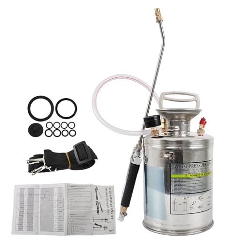 1 Gallon Stainless Steel Sprayer, 12 Wand & 3FT Reinforced Hose, Heavy Duty Hand Pump Sprayer with Pressure Gauge, Safety Valve and Adjustable Nozzle, for Lawn, Garden Watering (Silver-4L) - size: 1 Gallon