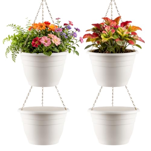 RooTrimmer Hanging Planters 10 Inch, 4 Pcs Flower Pots with Drainage Hole, Self Watering Hanging Basket for Indoor Outdoor Plants, Decor, White - color: Classic White, size: 10 Inch-4P