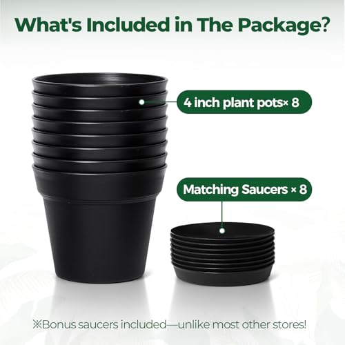 T4U Small Plant Pots 4 Inch 8 Pack, Plastic Indoor Flower Pots Saucer Black - color: Black, size: 4 inch
