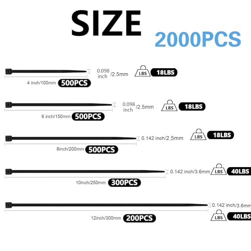 2000 PCS Zip Ties Assorted Sizes 4+6+8+10+12 Inch Self-locking Nylon Cable ties Outdoor, UV Resistant Wire Straps for Home Office Garden Workshop Indoor Outdoor Fence(garden green) - color: Garden Green, size: 4+6+8+10+12 inch(2000pcs)
