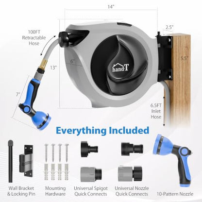 USA Based Retractable Garden Hose Reel, 1/2 in x 100 ft Quick Connect 10-Pattern Sprayer, Wall Mounted Auto Self Retracting Water Hose Reels, UV Resistant Automatic Rewind 180° Mount | Gray - size: 1/2" 100FT