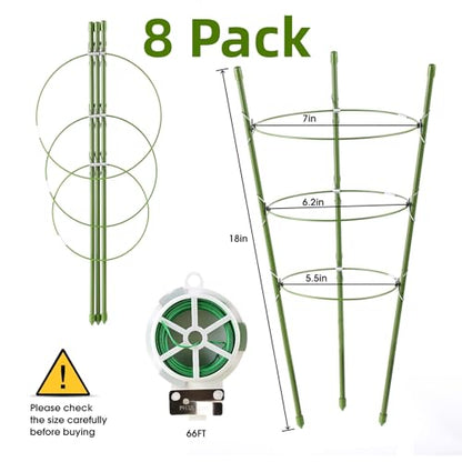 8 Pack Tomato Cage, 18 inches Plant Support Cages for Garden, Upgrade Garden Plant Stakes with Adjustable Rings, Plants Trellis for Tomato, Flower, Climbing Plants, with Twist Tie