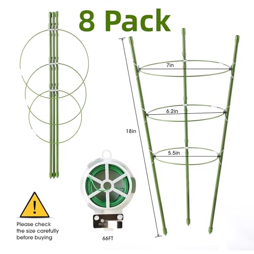 8 Pack Tomato Cage, 18 inches Plant Support Cages for Garden, Upgrade Garden Plant Stakes with Adjustable Rings, Plants Trellis for Tomato, Flower, Climbing Plants, with Twist Tie