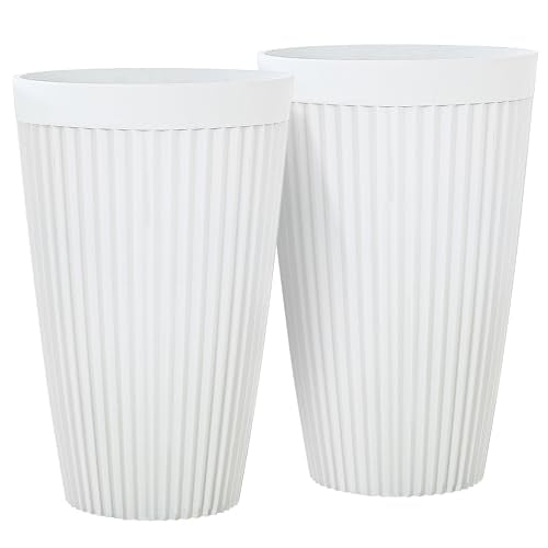 Autodaya 20" Tall Fluted Resin Planters Set of 2 with Drainage Holes - color: White Fluted-20"h