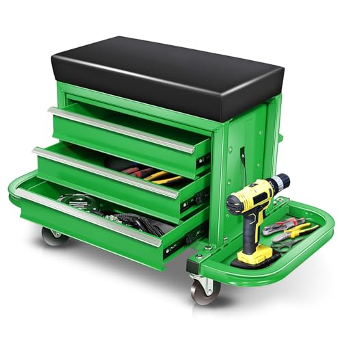 Auto Dynasty Mechanic Rolling Seat, 3-Drawer w/Tool Tray, 350LBS, Green - color: Green