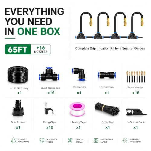 5/16" Drip Irrigation System 65 ft with 16-Pcs 360° Adjustable Copper Nozzles, Automatic Misting Watering System for Garden, Raised Beds, Greenhouse (65ft+16 nozzles) - size: 65ft+16 nozzles