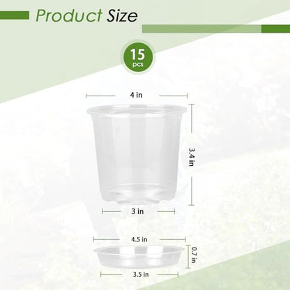 FUIJOL 4 Inch Clear Nursery Pots for Plants with Sacuers 15 Pack, Plastic Flower Pots with Drainage Holes, Variety Pack Seedlings Garden Pot for Indoor Outdoor (4 inch) - size: 4 inch