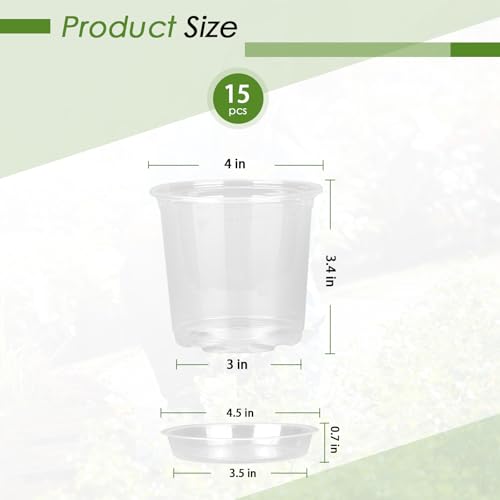 FUIJOL 4 Inch Clear Nursery Pots for Plants with Sacuers 15 Pack, Plastic Flower Pots with Drainage Holes, Variety Pack Seedlings Garden Pot for Indoor Outdoor (4 inch) - size: 4 inch