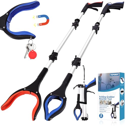 36" Grabber Reacher Tool for Seniors 2 Pack, Foldable Reacher Grabbers Pickup Stick with Anti-Slip 90° Rotating Jaw, 4" Wide Extended Claw with Magnet for Disabled, After Surgery Recovery - size: 36"