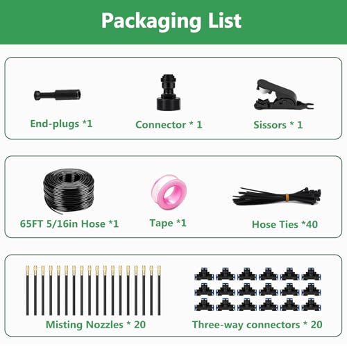 65FT 5/16 Inch Drip Irrigation System for Garden, 2025-Upgrade High-Flow Garden Watering Kit with 20 Adjustable Copper Nozzles, Even Water Distribution for Lawn & Greenhouse