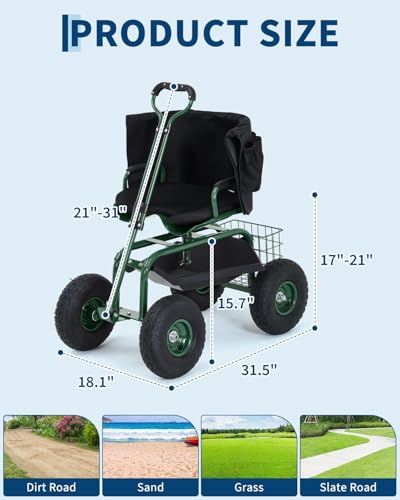 Garvee Heavy Duty Garden Cart, Garden Scooter Rolling Work Seat - color: Green With Back