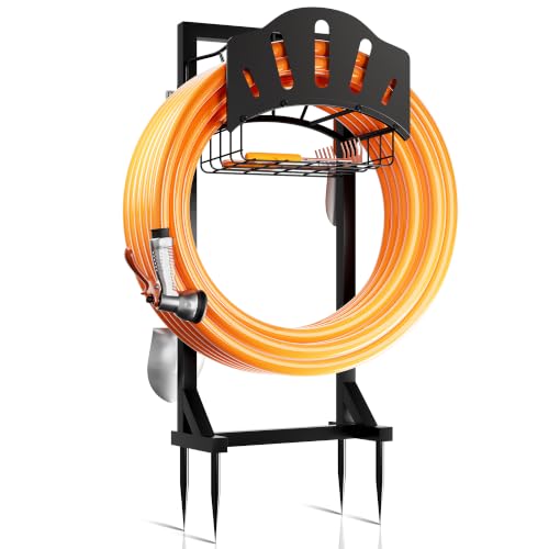 Heavy Duty Garden Hose Holder, Metal Water Hose Reel with Storage Basket & Hooks for Outside