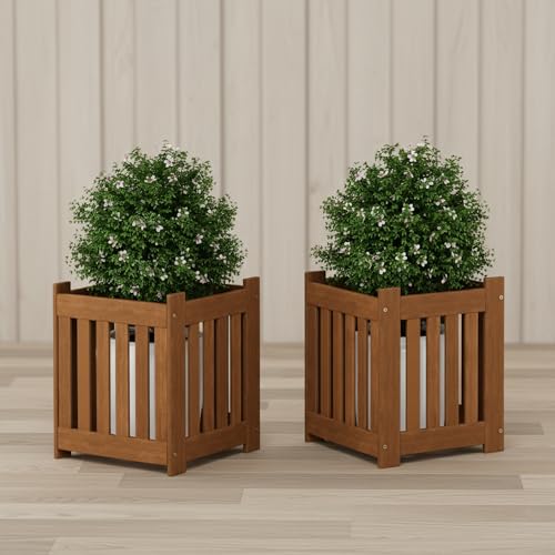 Furinno TIOMAN Planter Box Set of 2, Hardwood Flower Box, Cube Garden Box, in Teak Oil, Outdoor Indoor, Garden, Patio, Balcony, Light Wood - size: Set of 2, 16 x 16 x 18.3