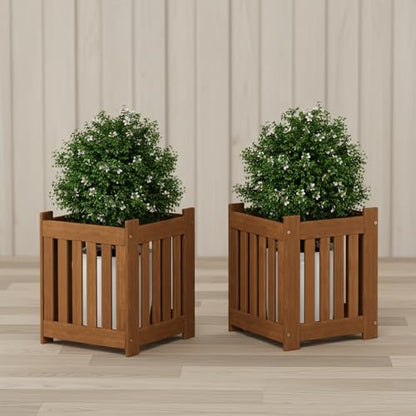 Furinno TIOMAN Planter Box Set of 2, Hardwood Flower Box, Cube Garden Box, in Teak Oil, Outdoor Indoor, Garden, Patio, Balcony, Light Wood - size: Set of 2, 16 x 16 x 18.3