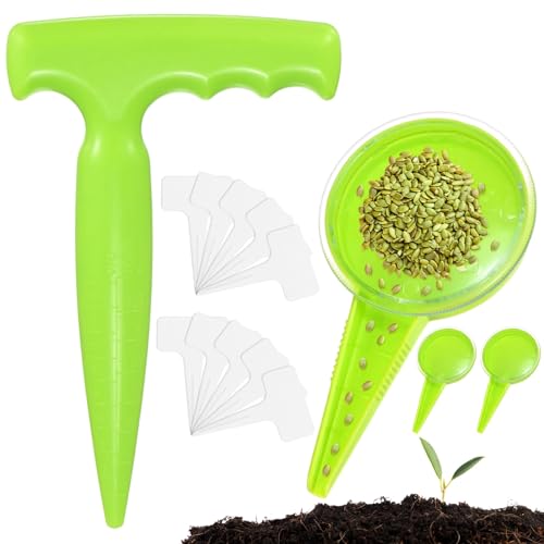 M METERXITY 1-Set Seed Planter Tool, Plastic Hand Dibber Garden Tool with Handle for Sowing Seeds/Transplanting/Planting Bulb, Handheld Digging Hole Punch [Light Green, with Plant Labels] - color: Light Green