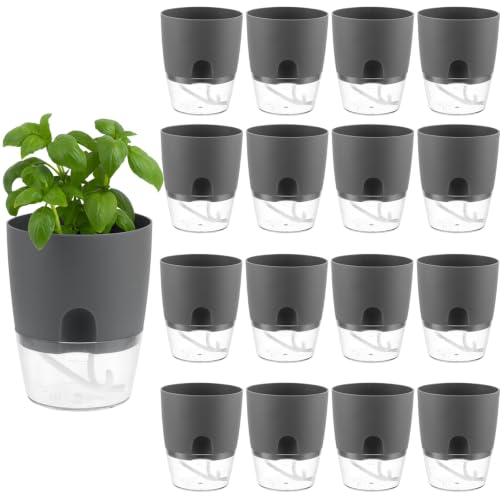 Planterhoma 16 Pack Self Watering Pots for Indoor Plants, 3.2 Inch Plant Pot Plastic Self Watering Planter for Orchid, African Violet, Small Clear Flower Pots with Drainage Hole and Wicking Rope, Gray - color: Gray, size: 3.2 In - 16 Packs