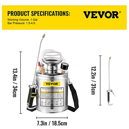 Happybuy 1 Gallon Stainless Steel Pump Sprayer, 12" Wand & 3FT Reinforced Hose, Pressure Gauge, Safety Valve & Adjustable Nozzle, Garden Weed Sprayer for Lawn, Gardening, Sanitizing - size: 1 Gallon