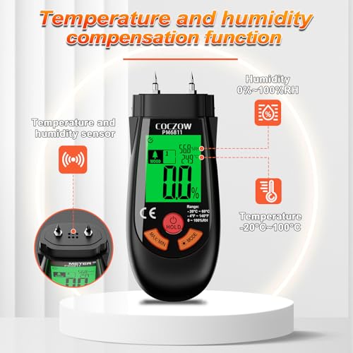 Wood Moisture Meter with Temperature and Humidity Measurement – Ideal for quickly measuring moisture content in logs, paper, plywood, plaster walls, floor coverings, and other materials. - color: Black Red