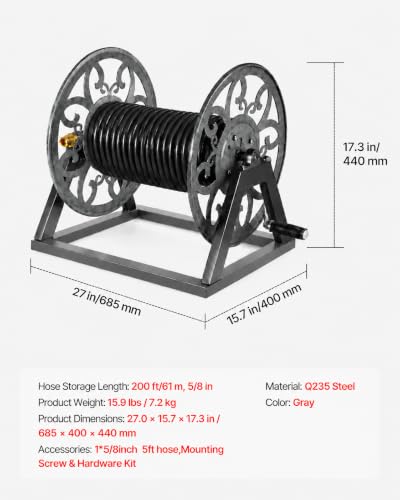 Wall Mounted Garden Hose Reel – Holds 200 ft 5/8" Hose, Heavy-Duty Steel Manual Winder, with Brass Connector, 5ft Leader, Decorative Pattern, Space Saver, Gray Finish, for Outdoor Gardens & Lawns.