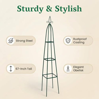 100% Metal Garden Obelisk Trellis for Climbing Plants Outdoor | Powder-Coated Steel Tall Garden Teepee Trellis | Sturdy Vertical Plant Support for Potted Plants Peas, Beans, Squash Outdoor & Indoor