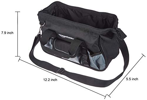 Amazon Basics Durable Wear-Resistant Tool Storage Bag with Adjustable Shoulder Strap, Portable Tool Organizer, 16 Pockets, 12 in, Black & Gray - size: Small Standard Bag