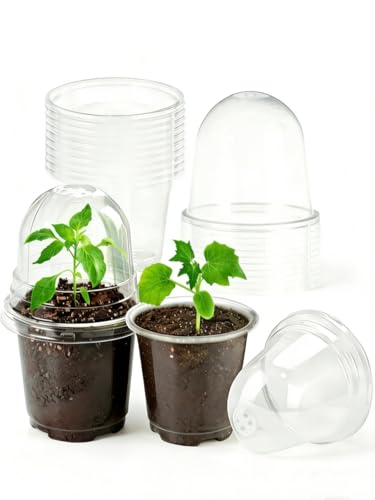 JOPY 30 Pack 4 Inch Plastic Nursery Pots with Humidity Dome for Plants Clear Seed Starter Pots Seedlings Planting Pots for Garden Indoor and Outdoor Small Planter Containers with Drainage Holes - size: 4 inch-30Pcs