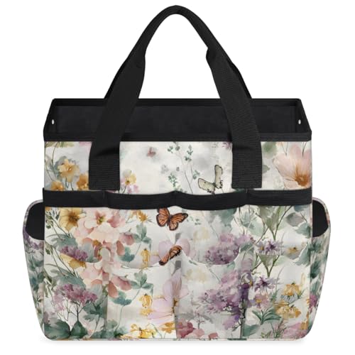 Garden Tote Bag with 10 Pockets Butterfly Heavy Duty Gardening Bags for Tools Organizer Storage Bag with Handle for Garden Lawn Yard Casual - color: Folwer-3