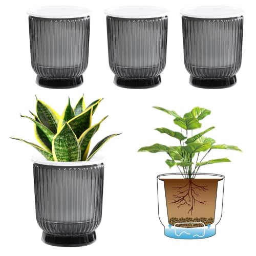 T4U Self Watering Pots for Indoor Plants 4.5 Inch 4 Pack Planter Gray - color: Translucent Gray, size: 4.5 Inch