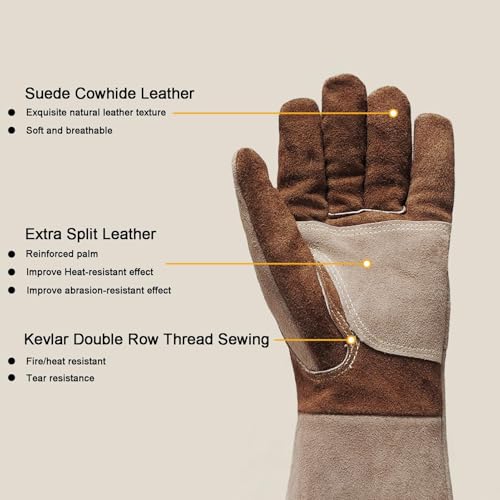 Welding Gloves -Long Sleeve Fireproof and Heat Resistant 15IN XL - color: Brown 1 Pair, size: X-Large