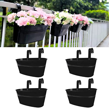 LaLaGreen Outdoor Rail Planter (11.8 Inch, 4 Pack) Black Metal Iron Hanging Flower Pots Deck Railings Fence Buckets Modern Countryside Boho Style Wall Mount Window Box Plant Holder Hooks Porch Decor - size: 11.8" (30 cm) x 4 Pack