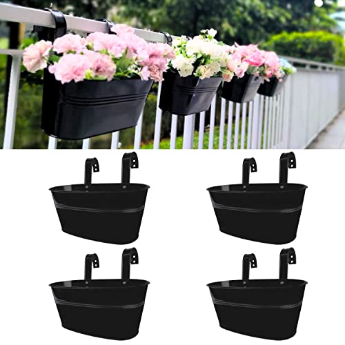 LaLaGreen Outdoor Rail Planter (11.8 Inch, 4 Pack) Black Metal Iron Hanging Flower Pots Deck Railings Fence Buckets Modern Countryside Boho Style Wall Mount Window Box Plant Holder Hooks Porch Decor - size: 11.8" (30 cm) x 4 Pack