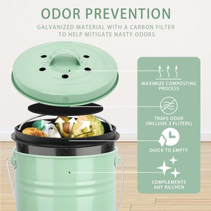 MUMTOP Compost Bin for Kitchen Countertop,1.3 Gal Metal Compost Container - color: Green