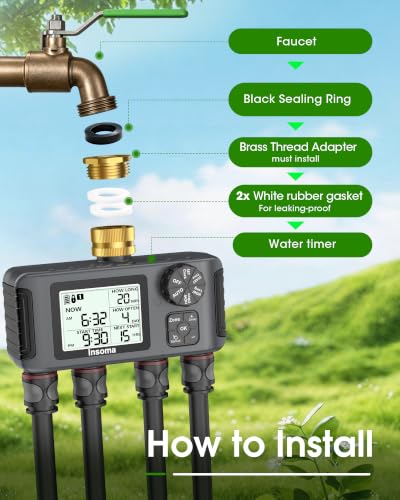 Insoma 4 Zones Sprinkler Timer with Brass Inlet, Water Timer for Garden Hose with Auto/Manual/Rain Delay Mode, Hose Timers for Irrigation Watering System for Yard, Lawn, Plant Watering
