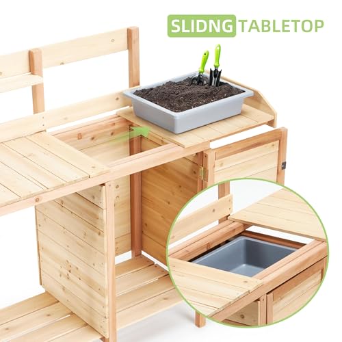 42" Outdoor Potting Bench with Sink, Wooden Potting Table with Sliding Tabletop, Storage Cabinet & Bottom Shelf, Garden Work Bench for Patio Backyard Porch, Natural