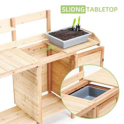 42" Outdoor Potting Bench with Sink, Wooden Potting Table with Sliding Tabletop, Storage Cabinet & Bottom Shelf, Garden Work Bench for Patio Backyard Porch, Natural