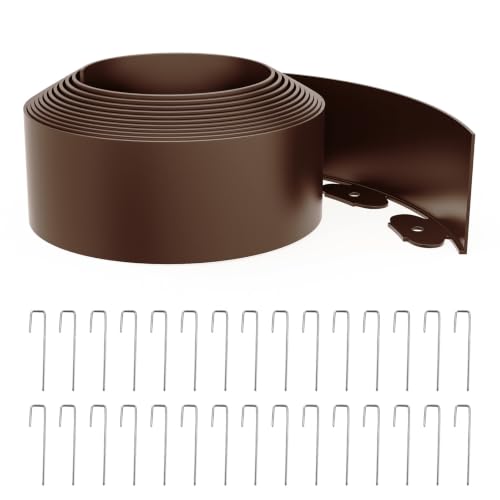 Landscape Edging 4 Inch Tall 20FT with 30Pcs Metal Spikes, Plastic Garden Edging Border Landscape Edging Border Lawn Edging for Landscaping, Flower Bed, Yard(Brown) - color: Brown, size: 20FT