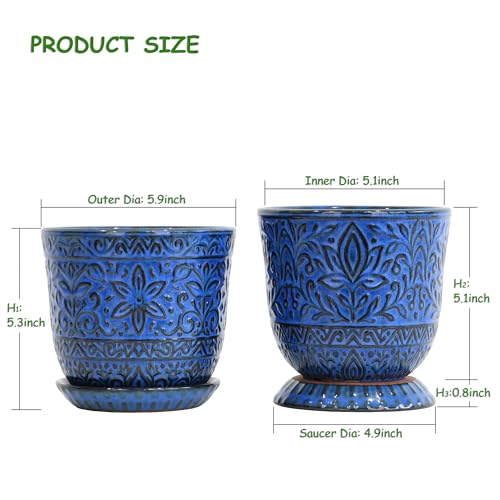 Gepege Ceramic Plant Pots, 6 Inch Indoor Planters with Drainage & Saucers - color: Blue-a, size: 6 Inch - Set of 2
