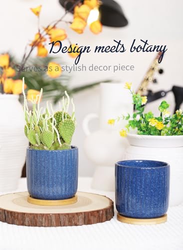 4 Inch Cylinder Ceramic Plant Pots with Trays, Blue, Set of 4 - color: Blue(4inch)