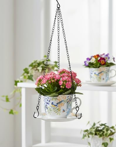 TEATALK Hanging Planters for Indoor Plants, Ceramic Pots with Drainage Hole, 4 Inch Hanging Planter with Chain, Outdoor Hanging Baskets for Plants, Birds & Flowers, Cup Shape - style: Flowers Birds
