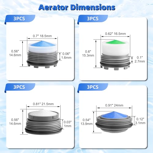 Hibbent 12 Pcs Faucet Aerator with 6 Pcs Faucet Aerator Key Removal Wrench Tool, Aerators Replacement Inserts for Sink M16.5 18.5 21.5 24 mm Tap Aerators Flow Restrictor