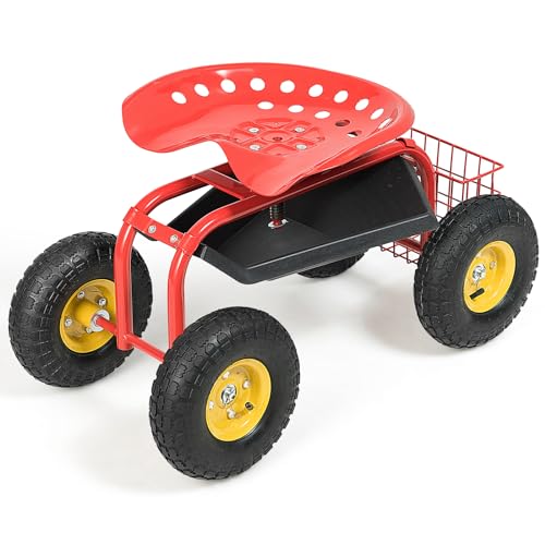 Goplus Garden Seat with Wheels, Rolling Garden Cart with Adjustable 360° Swivel Seat, Tool Tray, Basket for Lawn, Yard, Patio, Heavy Duty Gardening Stool, Outdoor Wagon Scooter for Seniors - color: Red